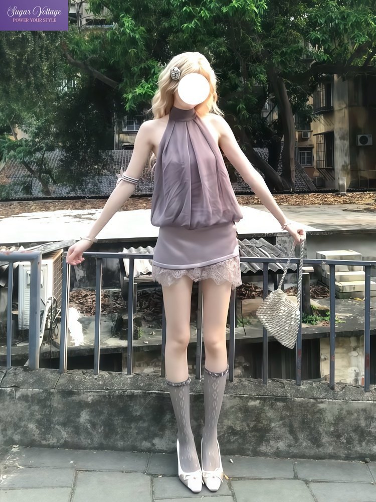 Lace Ribbon Trim - ชุดเซ็ต 2 ชิ้น สไตล์โลลิต้าหวานๆ สำหรับผู้หญิง คอ