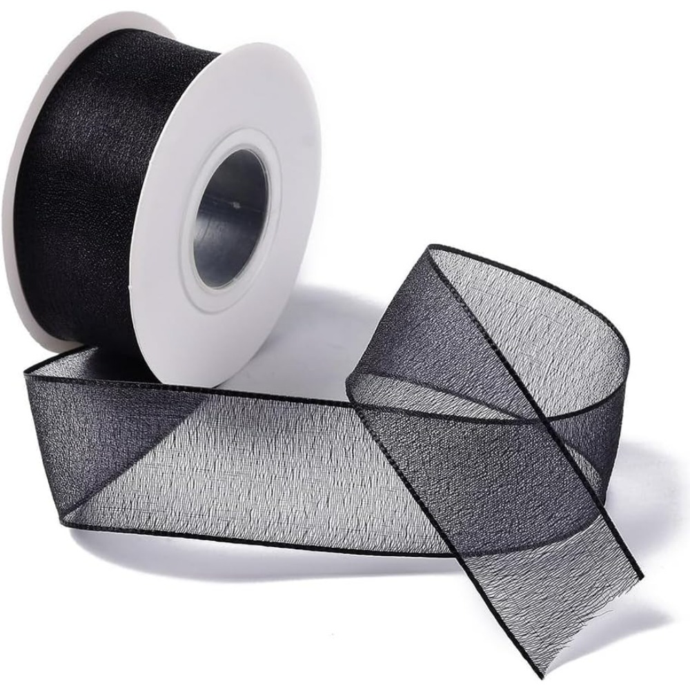 Organza Ribbon Spool - 1 นิ้วสีดํา Organza ริบบิ้นแบบมีสาย SHEER ตาข่ายชีฟองริบบิ้นผ้าไหมใสผ้าริบบิ้นม้วนจํานวนมาก