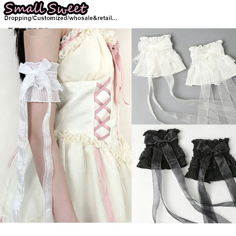 Lace Ribbon Trim - ปลอกแขนลูกไม้แต่งโบว์สไตล์ Y2K สำหรับผู้หญิง ลุคคาวาอี้ โลลิต้า พร้อมริบบิ้นผ้าทูลล์